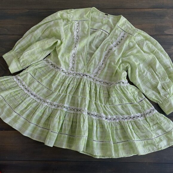 Free People Lime Green Boho Tunic Blouse Top Small 3/4 Sleeve - Women S (VV) - Picture 1 of 8